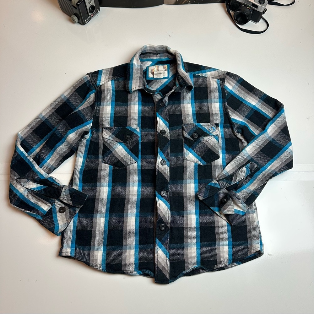 OP Ocean Pacific Plaid Flannel Shirt Blue Black Cotton L 42/44 Skate Surf